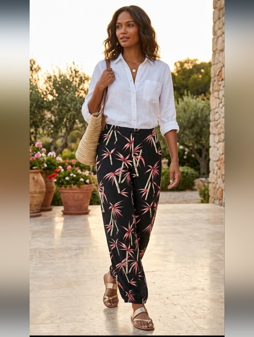 Tommy Bahama 100% Silk Tropical Palm Print Wide Leg Pants Resort Size 10 80s